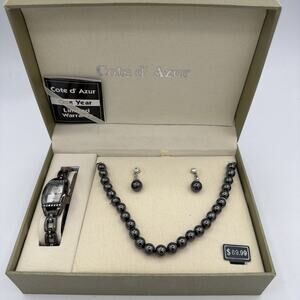 Black Pearl Necklace, Earrings & Watch Gift Set Women’s Brand New Cote D Azur